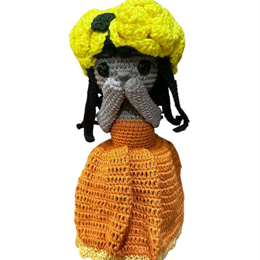 Unique Handmade Crocheted Burnt Orange Dress Doll Flower Bouquet 12" X8"